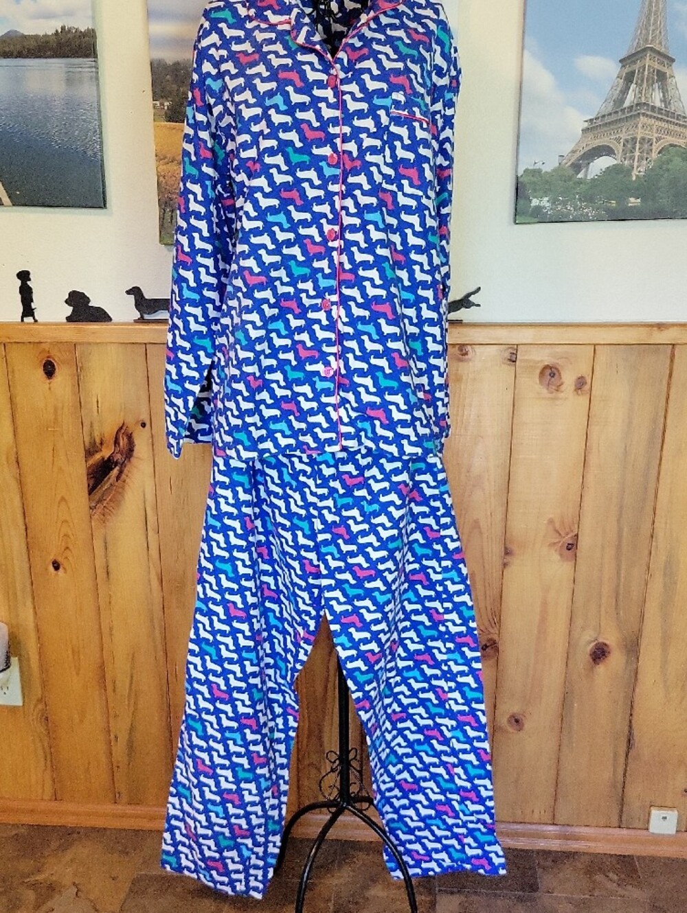 Joe Boxer Navy Dachshund-Print Button Pajama Top & bottom with Pink Piping - Picture 3 of 6